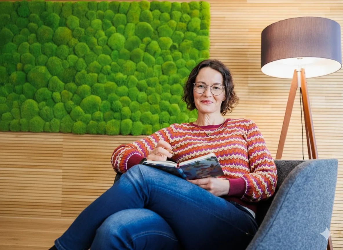 Julia Drowatzky im Sessel mit einem Buch